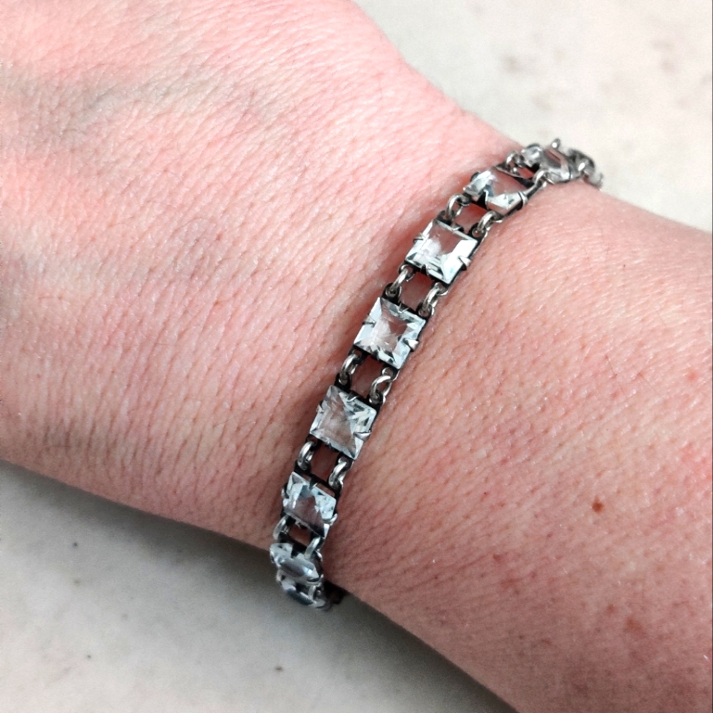 Antique True Art Deco Square Cut Crystal Bracelet Sterling Silver